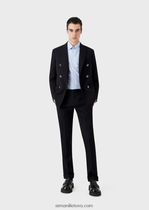 vyrų tamsiai mėlyna Armani dvieilis striukė iš tamprios vilnos krepo su 3D efektu 02482X1024