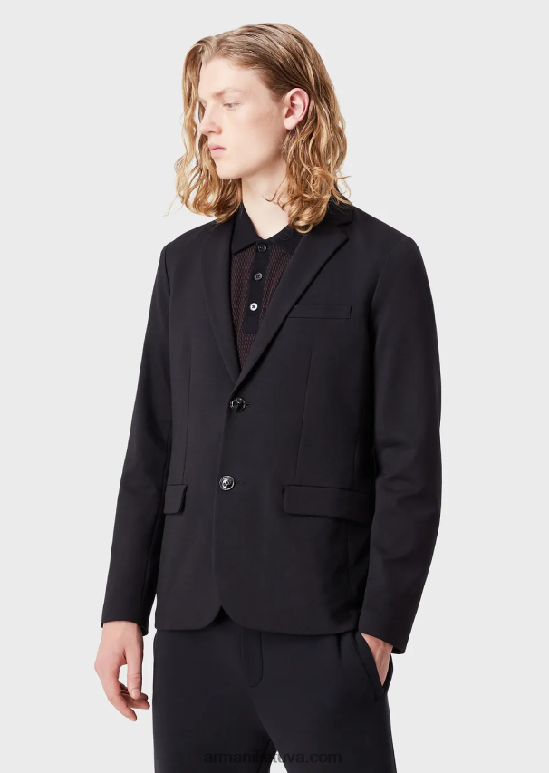 vyrų tamsiai mėlyna Armani dygsniuotas džersis vienaeilis švarkas 02482X1042