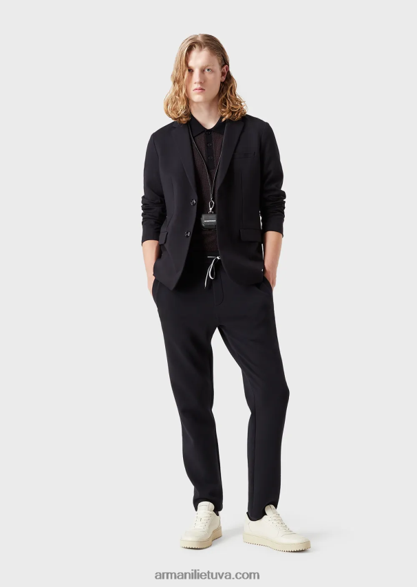 vyrų tamsiai mėlyna Armani dygsniuotas džersis vienaeilis švarkas 02482X1042