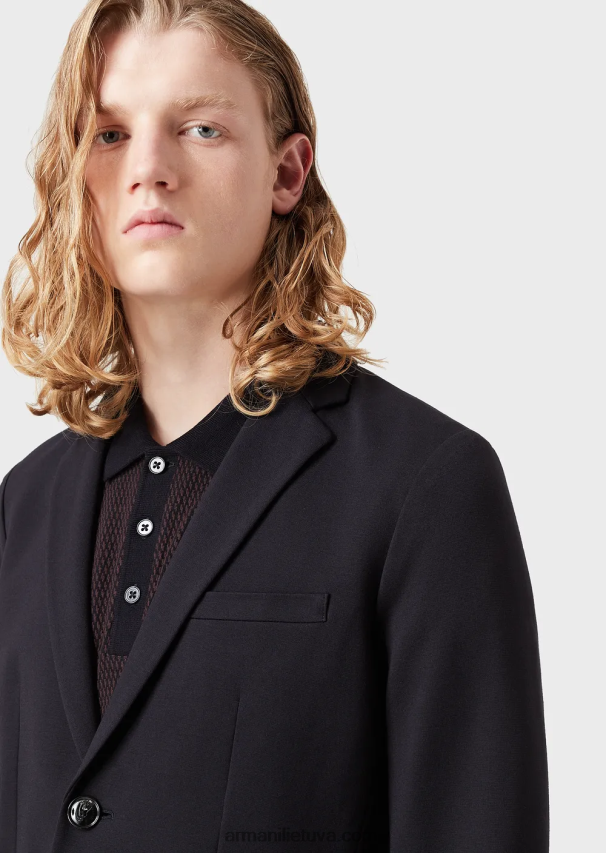 vyrų tamsiai mėlyna Armani dygsniuotas džersis vienaeilis švarkas 02482X1042