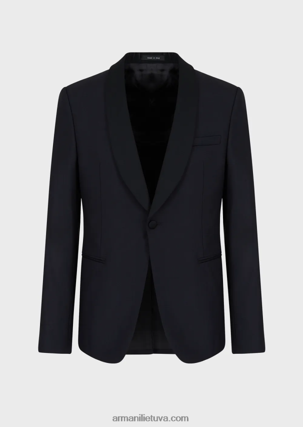 vyrų tamsiai mėlyna Armani šukuotinės vilnos švarkas su atlasine skara atvartais 02482X1054
