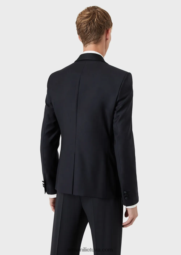 vyrų tamsiai mėlyna Armani šukuotinės vilnos švarkas su atlasine skara atvartais 02482X1054