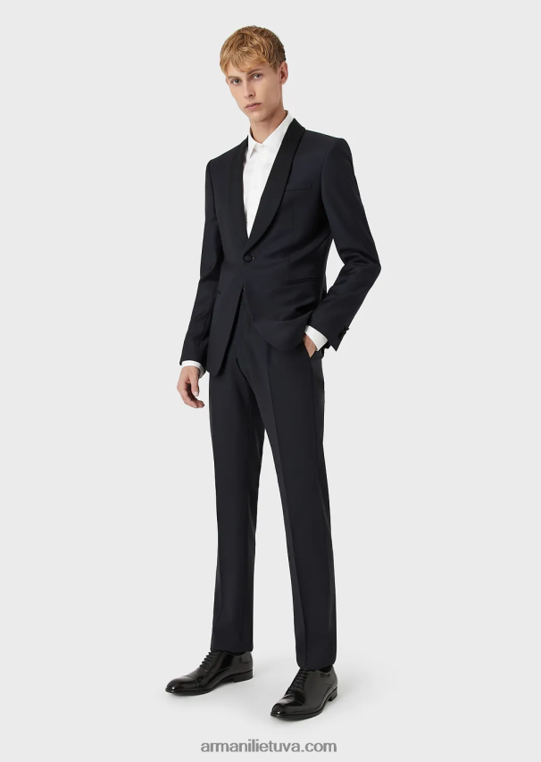 vyrų tamsiai mėlyna Armani šukuotinės vilnos švarkas su atlasine skara atvartais 02482X1054