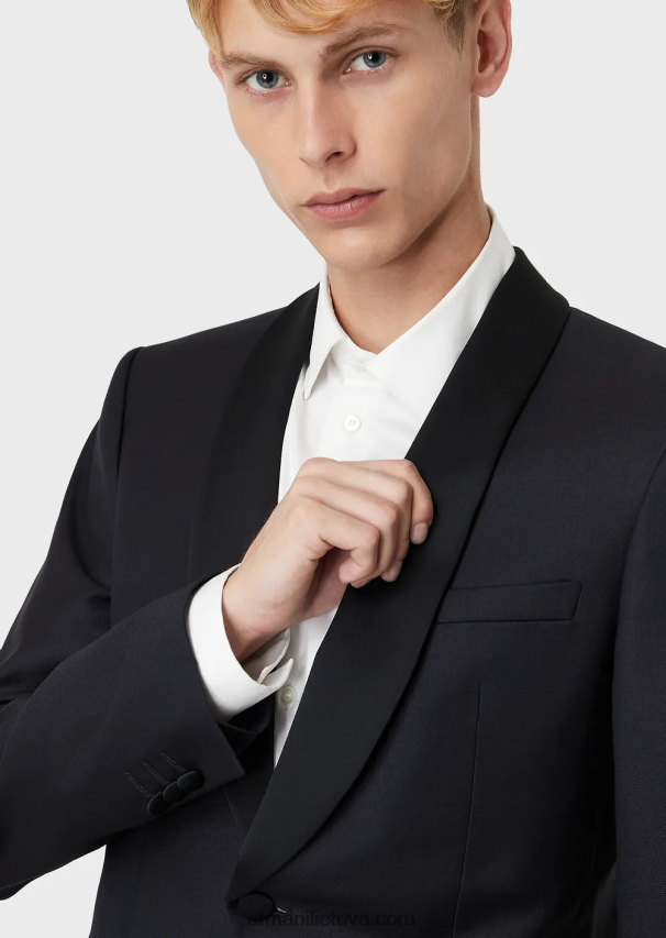 vyrų tamsiai mėlyna Armani šukuotinės vilnos švarkas su atlasine skara atvartais 02482X1054