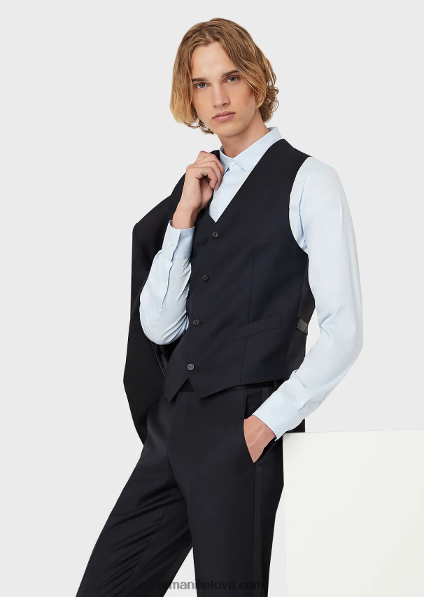 vyrų tamsiai mėlyna Armani vienaeilė šukuotinė nekaltos vilnos liemenė 02482X1056