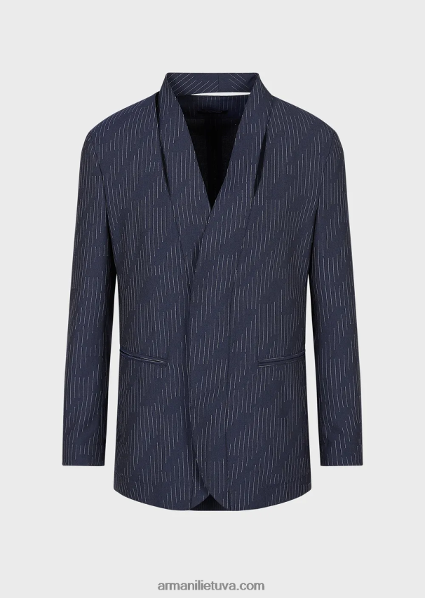 vyrų tamsiai mėlyna Armani vienaeilis švarkas su skeltuku ties iškirpte iš fil coupe dryžuoto džinsinio efekto audinio 02482X1043