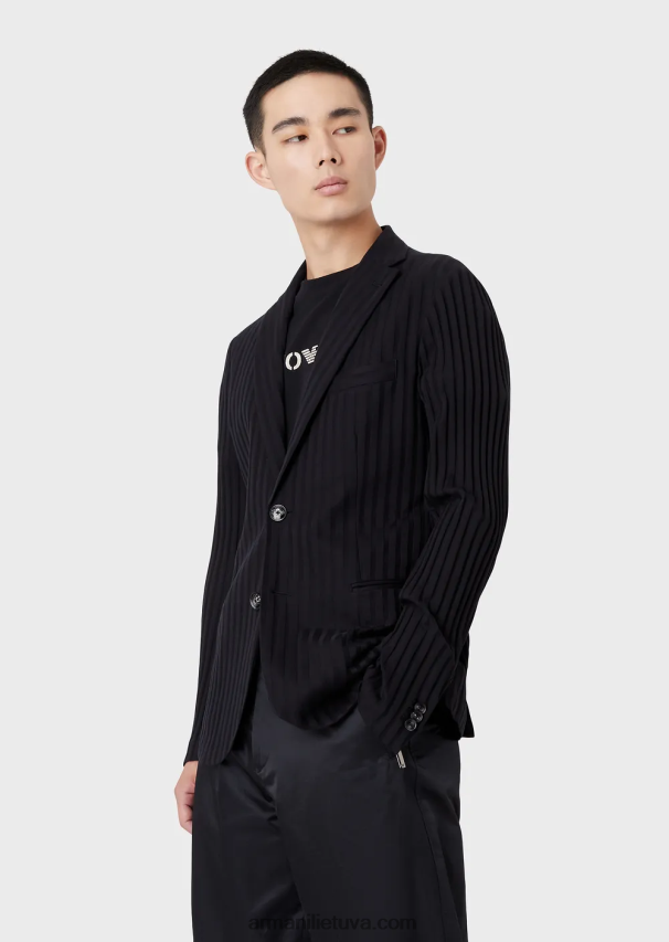 vyrų tamsiai mėlyna Armani vieneilis trikotažinis švarkas su žakardo motyvu 02482X1045