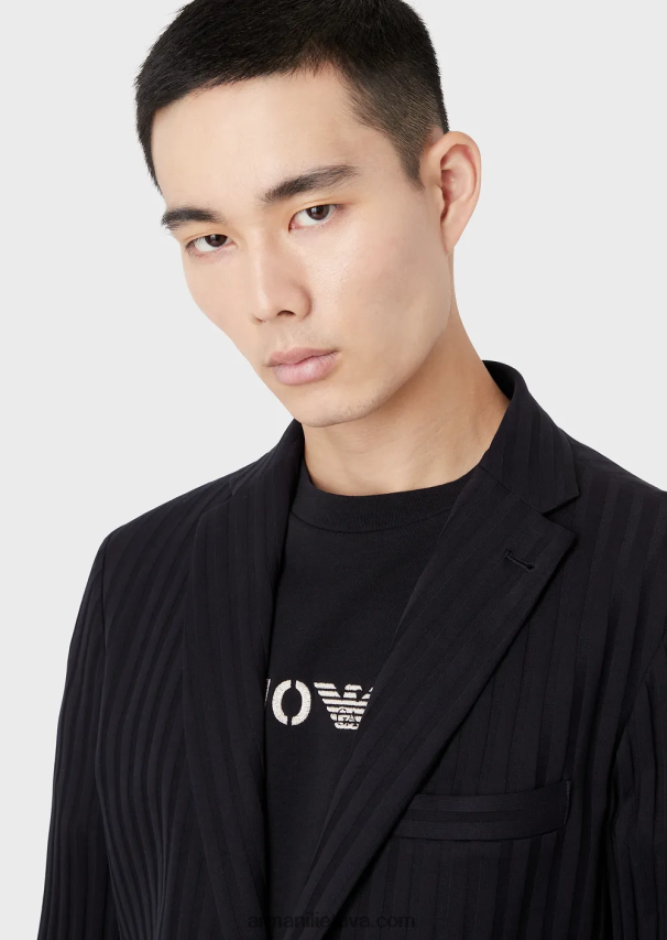 vyrų tamsiai mėlyna Armani vieneilis trikotažinis švarkas su žakardo motyvu 02482X1045