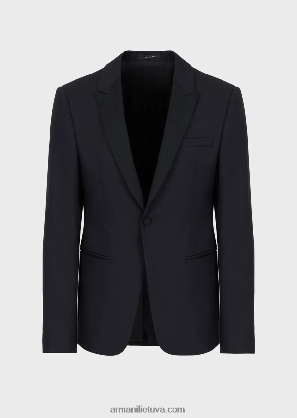 vyrų tamsiai mėlyna Armani vieneilis šukuotinis švarkas iš vilnos 02482X1047