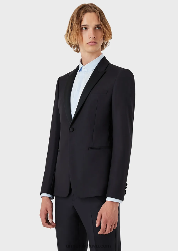 vyrų tamsiai mėlyna Armani vieneilis šukuotinis švarkas iš vilnos 02482X1047