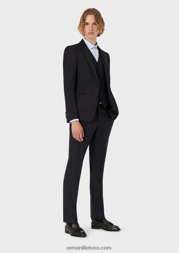 vyrų tamsiai mėlyna Armani vieneilis šukuotinis švarkas iš vilnos 02482X1047