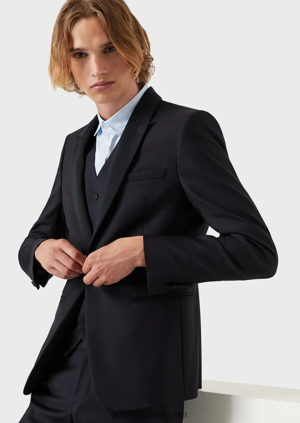 vyrų tamsiai mėlyna Armani vieneilis šukuotinis švarkas iš vilnos 02482X1047