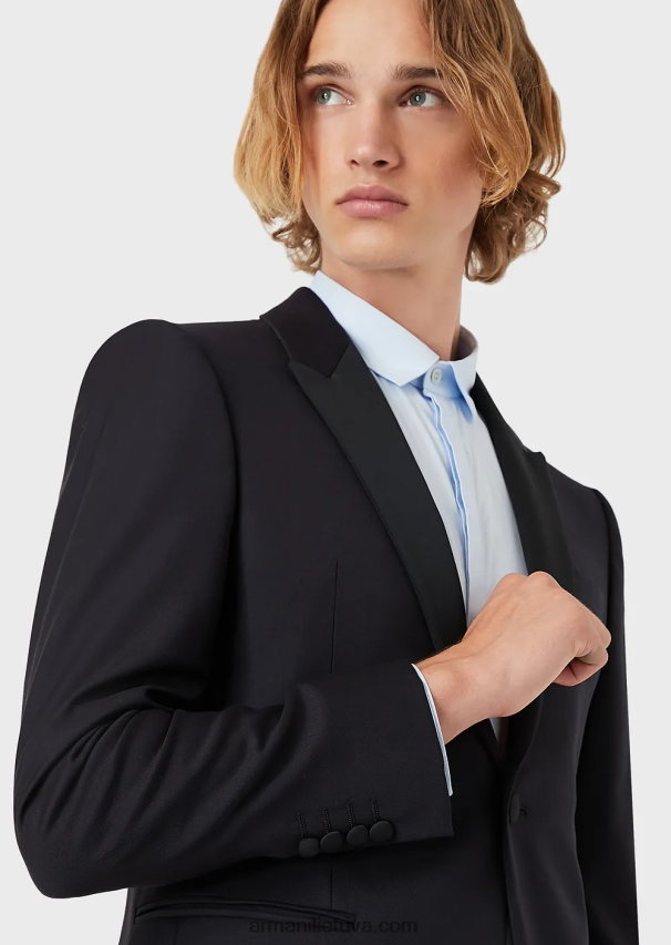 vyrų tamsiai mėlyna Armani vieneilis šukuotinis švarkas iš vilnos 02482X1047