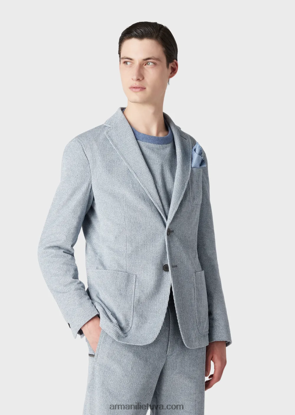 vyrų žydros spalvos Armani vienaeilis švarkas iš džinsinio efekto marginto aksomo 02482X1016