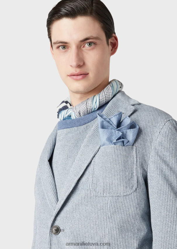 vyrų žydros spalvos Armani vienaeilis švarkas iš džinsinio efekto marginto aksomo 02482X1016