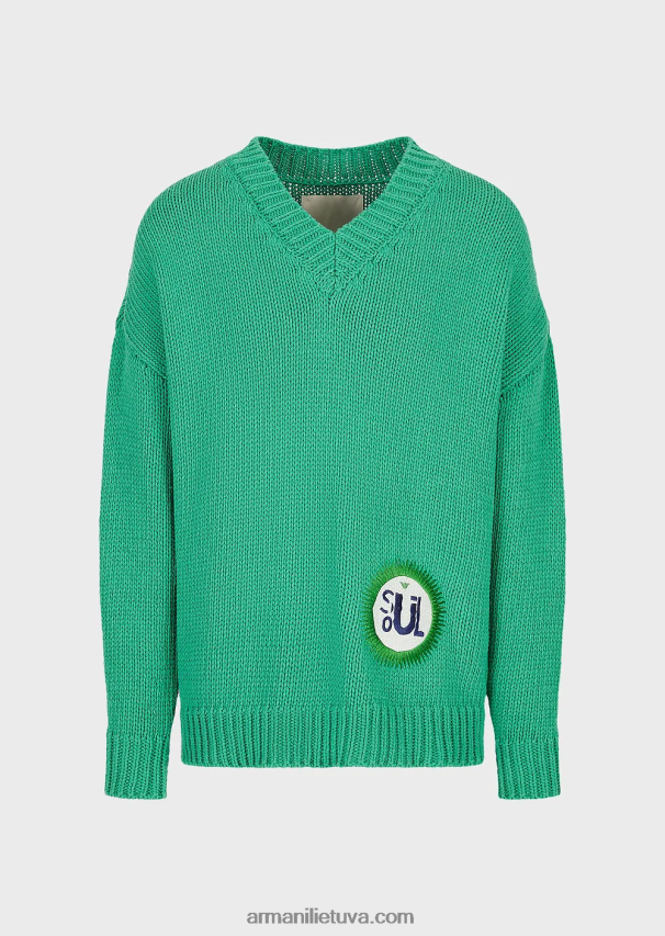 vyrų žalias Armani tvarios kolekcijos didelio dydžio V formos iškirptės megztinis iš perdirbtos medvilnės mišinio su pleistru 02482X1259