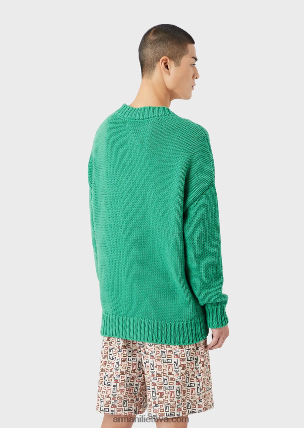 vyrų žalias Armani tvarios kolekcijos didelio dydžio V formos iškirptės megztinis iš perdirbtos medvilnės mišinio su pleistru 02482X1259