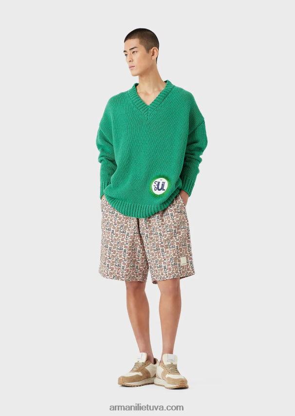 vyrų žalias Armani tvarios kolekcijos didelio dydžio V formos iškirptės megztinis iš perdirbtos medvilnės mišinio su pleistru 02482X1259