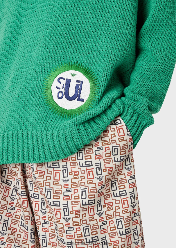 vyrų žalias Armani tvarios kolekcijos didelio dydžio V formos iškirptės megztinis iš perdirbtos medvilnės mišinio su pleistru 02482X1259