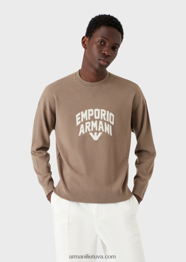 vyrų balandis pilkas Armani vilnos megztinis su ryškiu žakardo logotipu 02482X1223