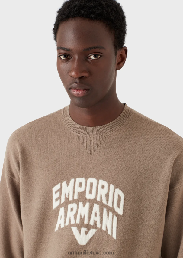 vyrų balandis pilkas Armani vilnos megztinis su ryškiu žakardo logotipu 02482X1223