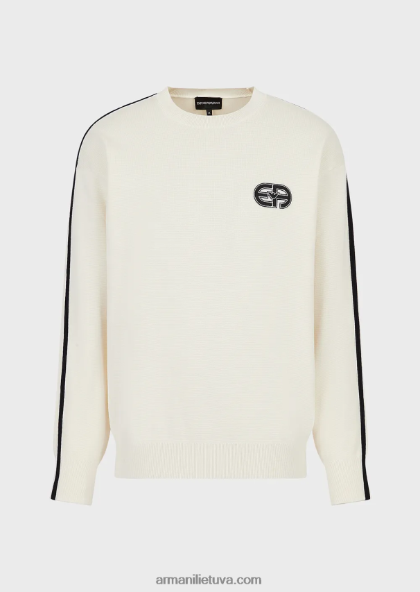 vyrų baltas Armani dygsniuoto audinio megztinis su lopiniu ir kontrastingomis juostelėmis 02482X1224