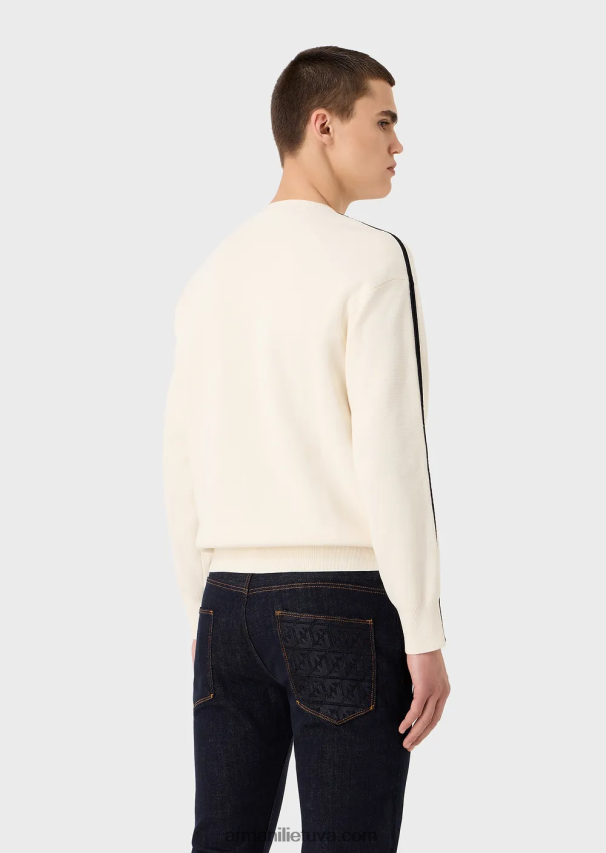 vyrų baltas Armani dygsniuoto audinio megztinis su lopiniu ir kontrastingomis juostelėmis 02482X1224