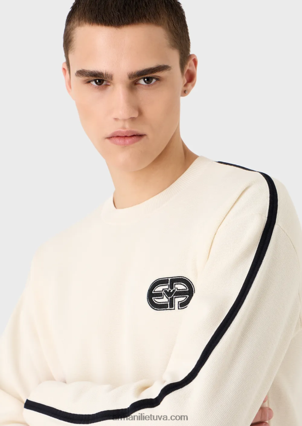 vyrų baltas Armani dygsniuoto audinio megztinis su lopiniu ir kontrastingomis juostelėmis 02482X1224