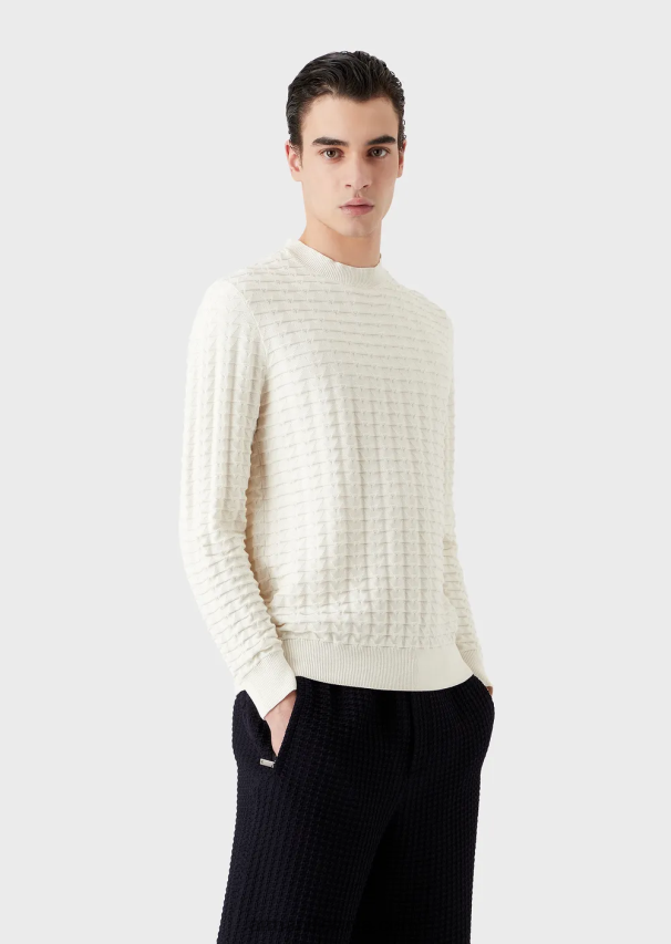 vyrų baltas Armani tekstūruotas megztinis su 3D efekto raštu 02482X1241