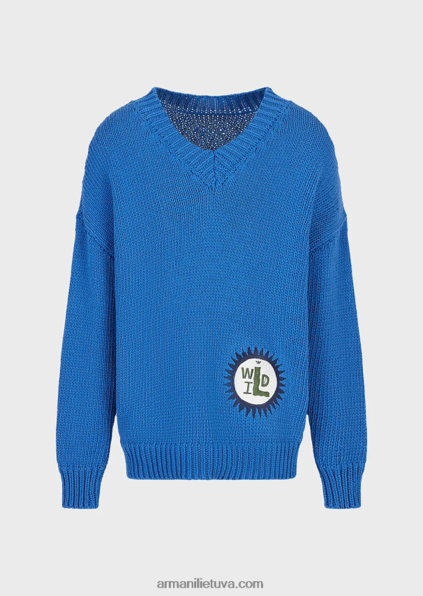 vyrų elektrinė mėlyna Armani tvarios kolekcijos didelio dydžio V formos iškirptės megztinis iš perdirbtos medvilnės mišinio su pleistru 02482X1258