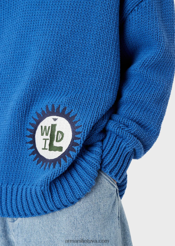 vyrų elektrinė mėlyna Armani tvarios kolekcijos didelio dydžio V formos iškirptės megztinis iš perdirbtos medvilnės mišinio su pleistru 02482X1258