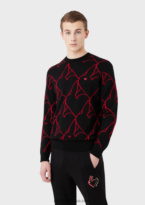 vyrų juodas Armani Nekaltos vilnos megztinis su žakardo triušio logotipu 02482X1248