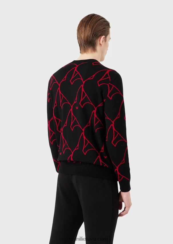 vyrų juodas Armani Nekaltos vilnos megztinis su žakardo triušio logotipu 02482X1248