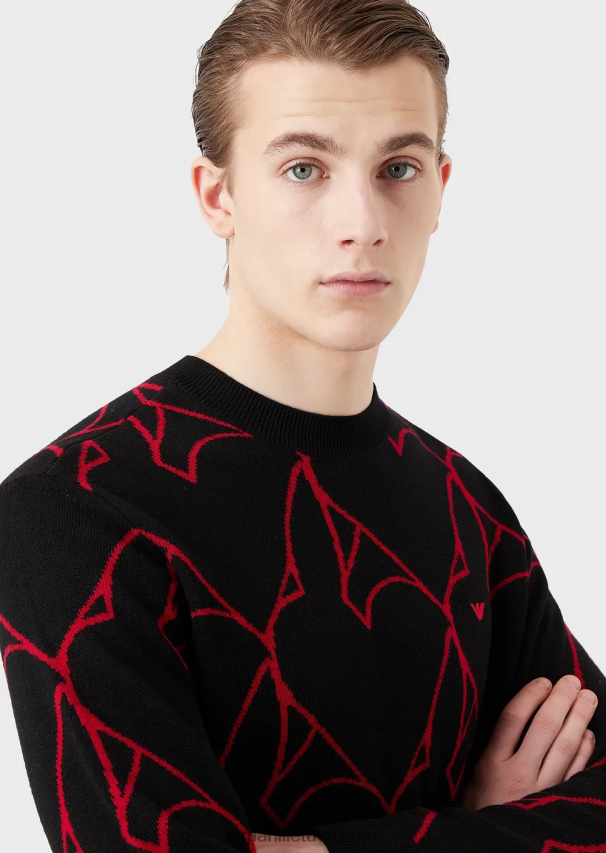 vyrų juodas Armani Nekaltos vilnos megztinis su žakardo triušio logotipu 02482X1248