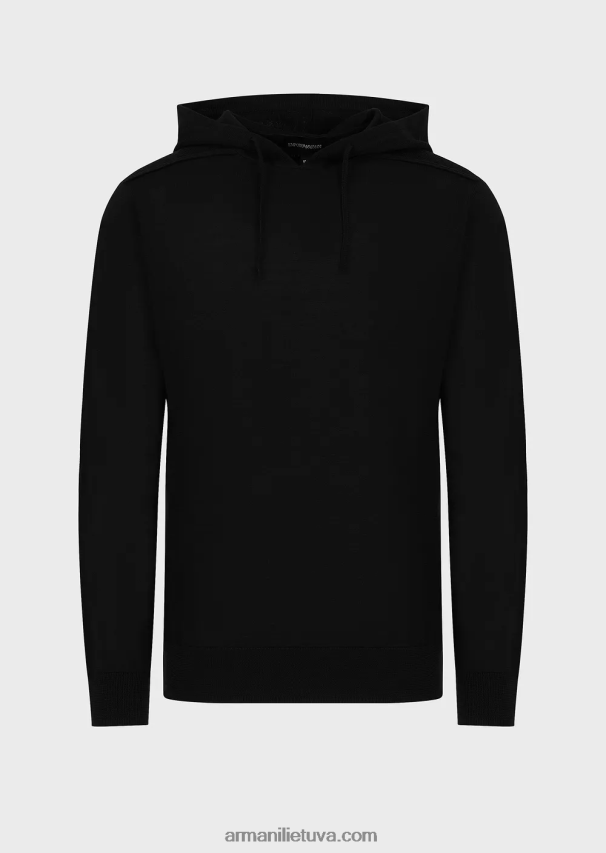 vyrų juodas Armani Vilnos ir liocelio mišinio megztinis su gobtuvu 02482X1279