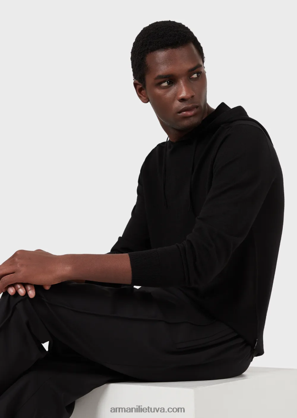 vyrų juodas Armani Vilnos ir liocelio mišinio megztinis su gobtuvu 02482X1279