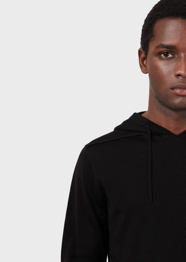 vyrų juodas Armani Vilnos ir liocelio mišinio megztinis su gobtuvu 02482X1279