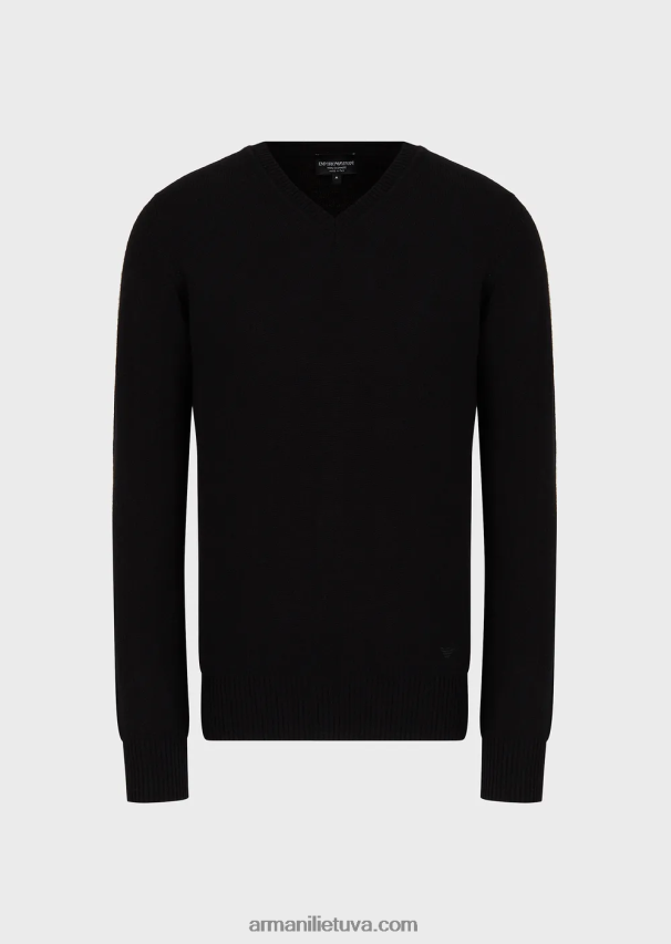 vyrų juodas Armani gryno kašmyro megztinis V formos iškirpte 02482X1269