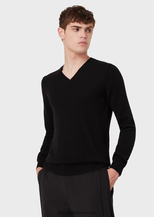 vyrų juodas Armani gryno kašmyro megztinis V formos iškirpte 02482X1269