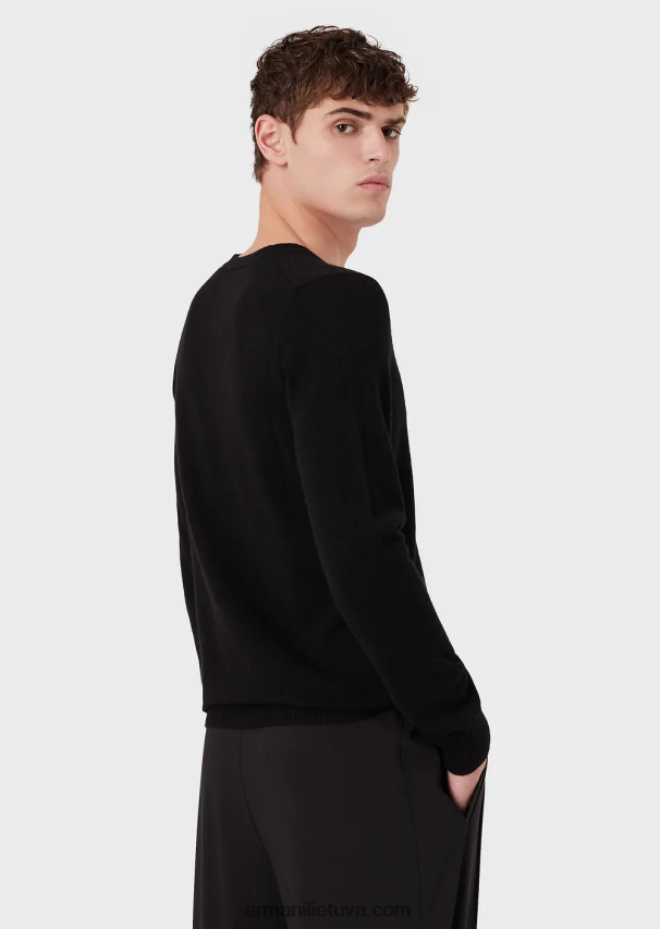 vyrų juodas Armani gryno kašmyro megztinis V formos iškirpte 02482X1269