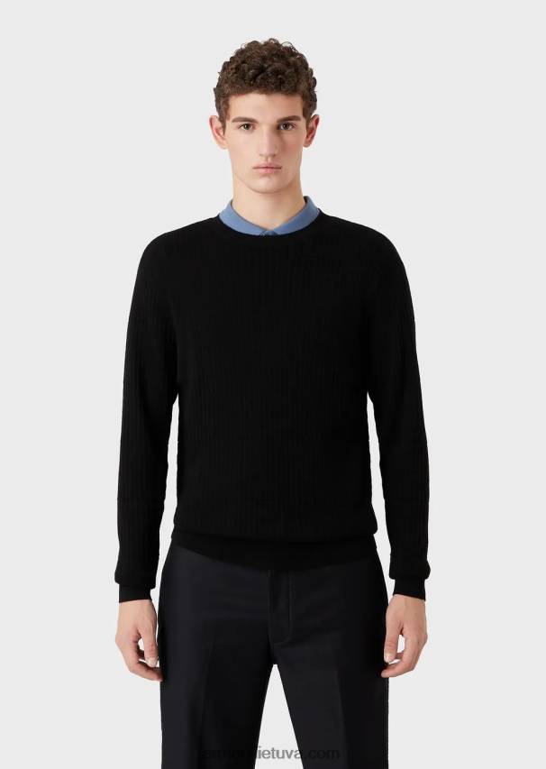 vyrų juodas Armani grynos vilnos megztinis su geometriniu žakardo motyvu 02482X1245