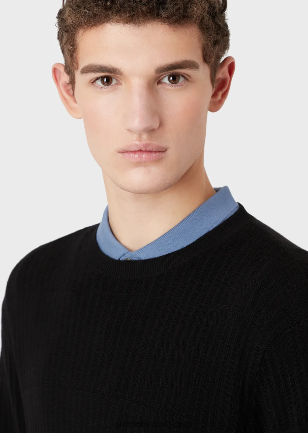 vyrų juodas Armani grynos vilnos megztinis su geometriniu žakardo motyvu 02482X1245