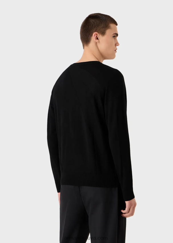 vyrų juodas Armani nekaltos vilnos megztinis su per dideliu intarsijos trikotažo logotipu 02482X1231