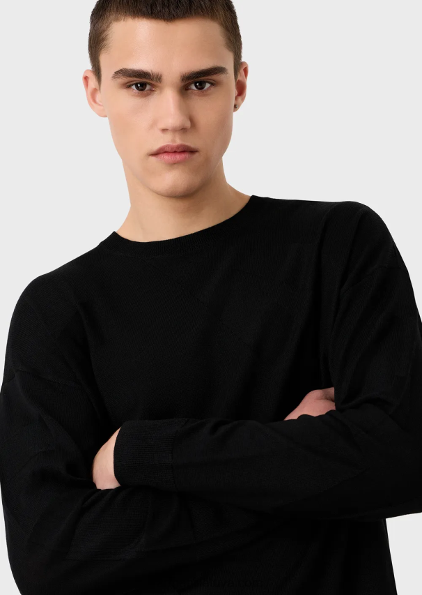 vyrų juodas Armani nekaltos vilnos megztinis su per dideliu intarsijos trikotažo logotipu 02482X1231