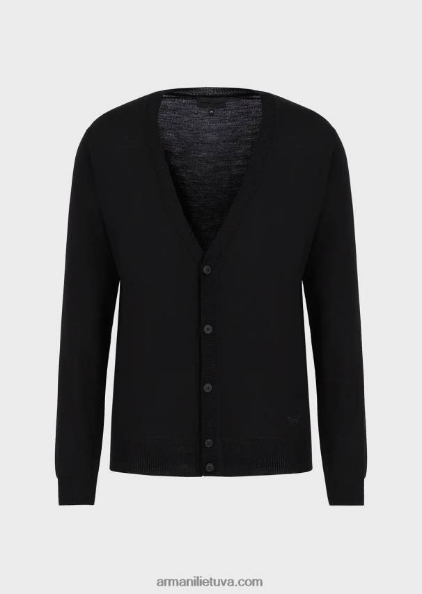 vyrų juodas Armani paprasto megzto grynos vilnos megztinis V formos iškirpte 02482X1280