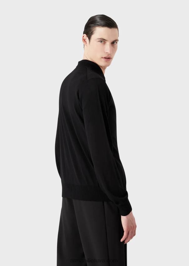 vyrų juodas Armani paprasto megzto grynos vilnos megztinis V formos iškirpte 02482X1280