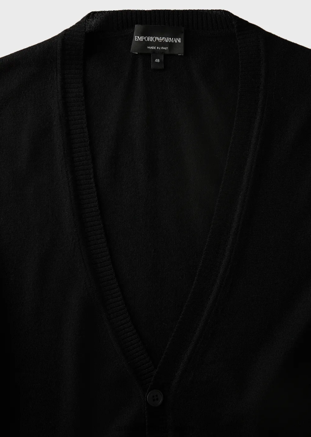 vyrų juodas Armani paprasto megzto grynos vilnos megztinis V formos iškirpte 02482X1280
