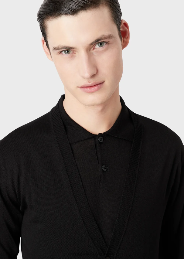vyrų juodas Armani paprasto megzto grynos vilnos megztinis V formos iškirpte 02482X1280