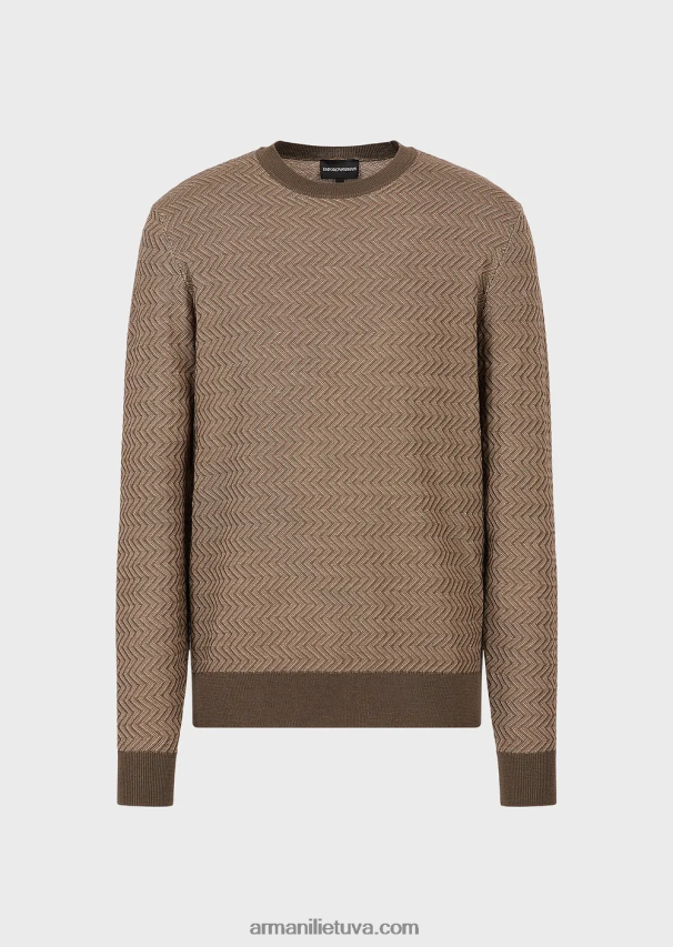 vyrų karinė žalia Armani vilnos džemperis su žakardo ševrono motyvais 02482X1233