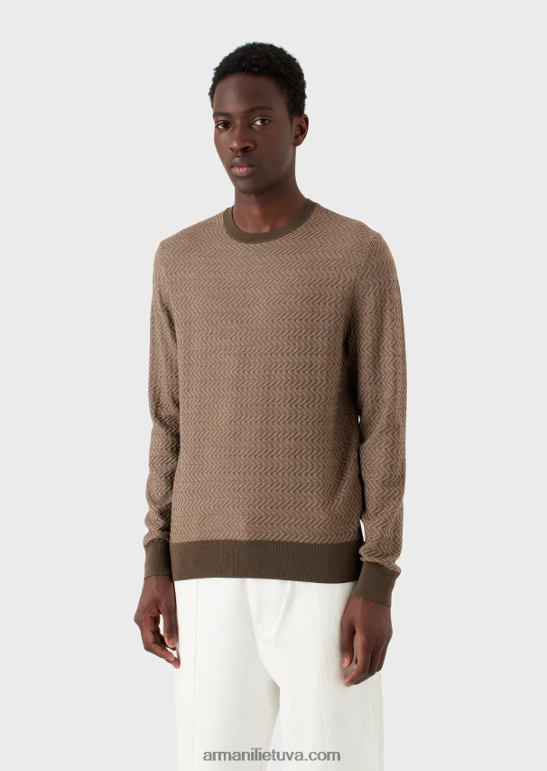 vyrų karinė žalia Armani vilnos džemperis su žakardo ševrono motyvais 02482X1233